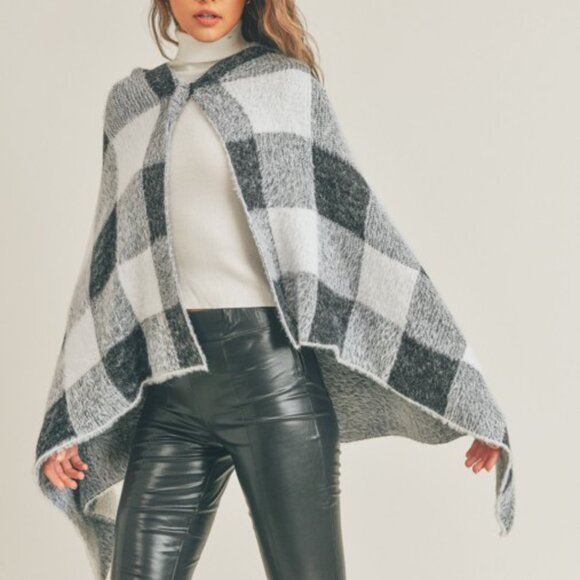 Plaid Hooded Poncho Cape Black White Gray Cozy Fall Winter Layer - Picture 1 of 8